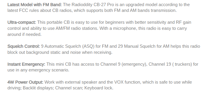 Radio de Comunicación Radioddity CB-27 Pro | Banda Ciudadana / CB / 11 Metros | Móvil - 4W