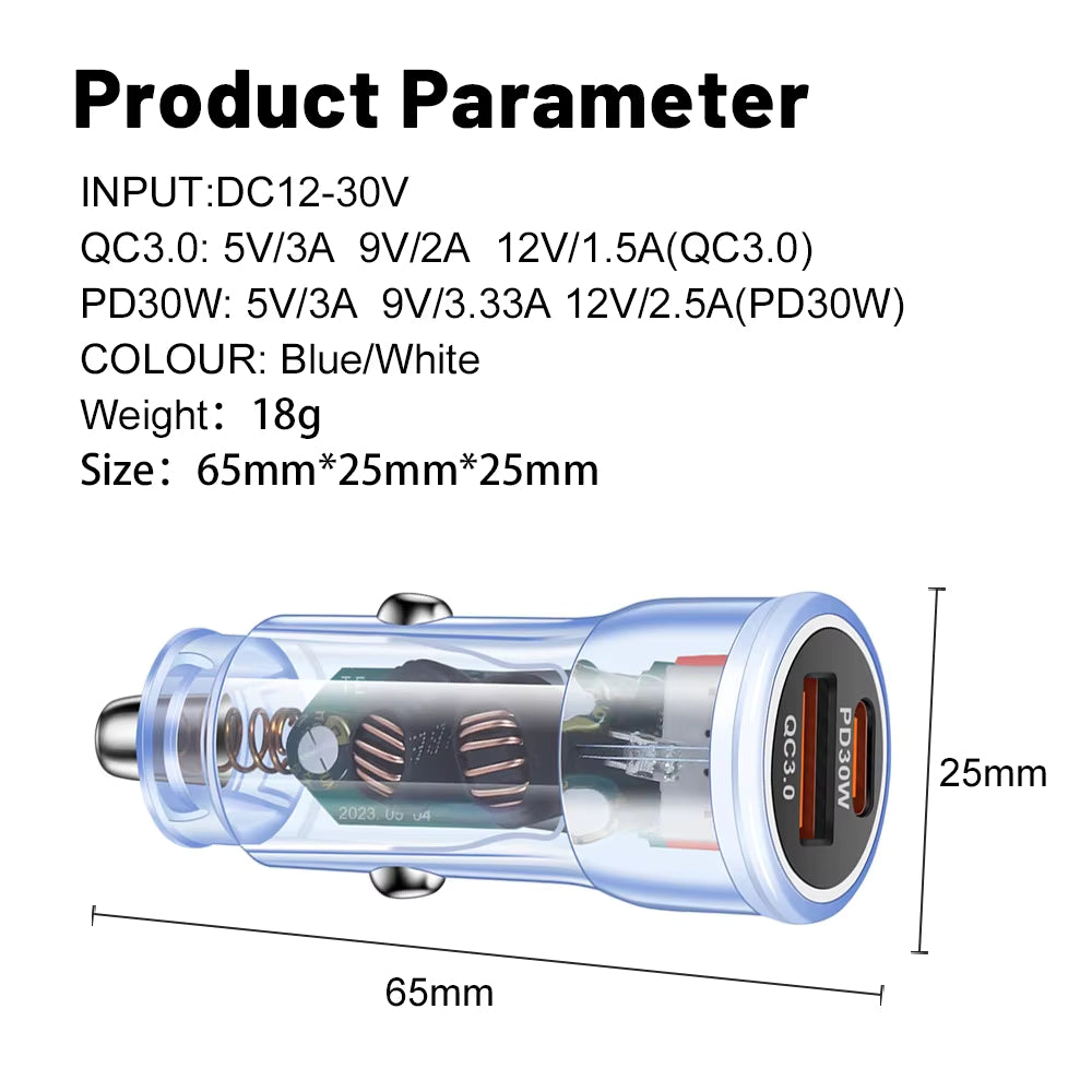 Cargador Doble para Carro | 48W / PD30W + QC3.0 | Transparente | CCA-CAR-01
