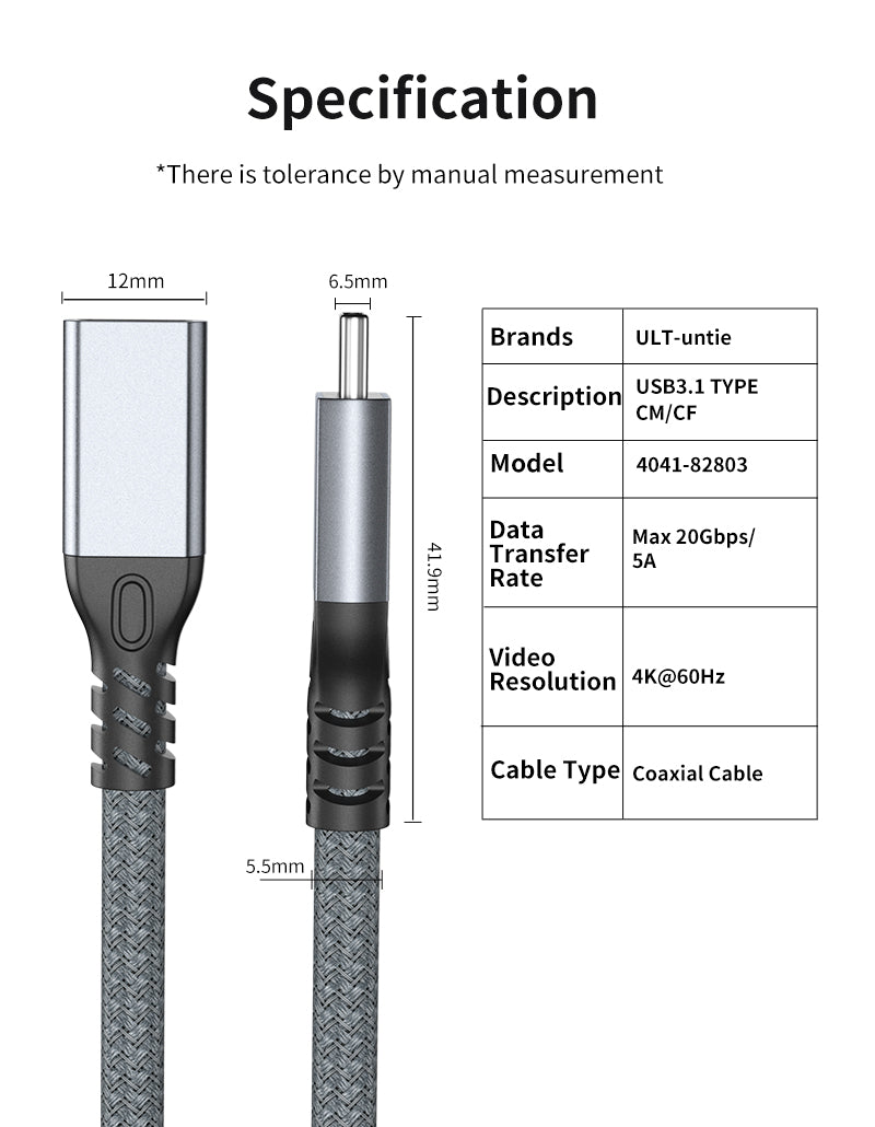 Extensión USB | 1m | USB C Hembra -> USB C Macho | 20Gbps | Gris | CCE-CUS-32
