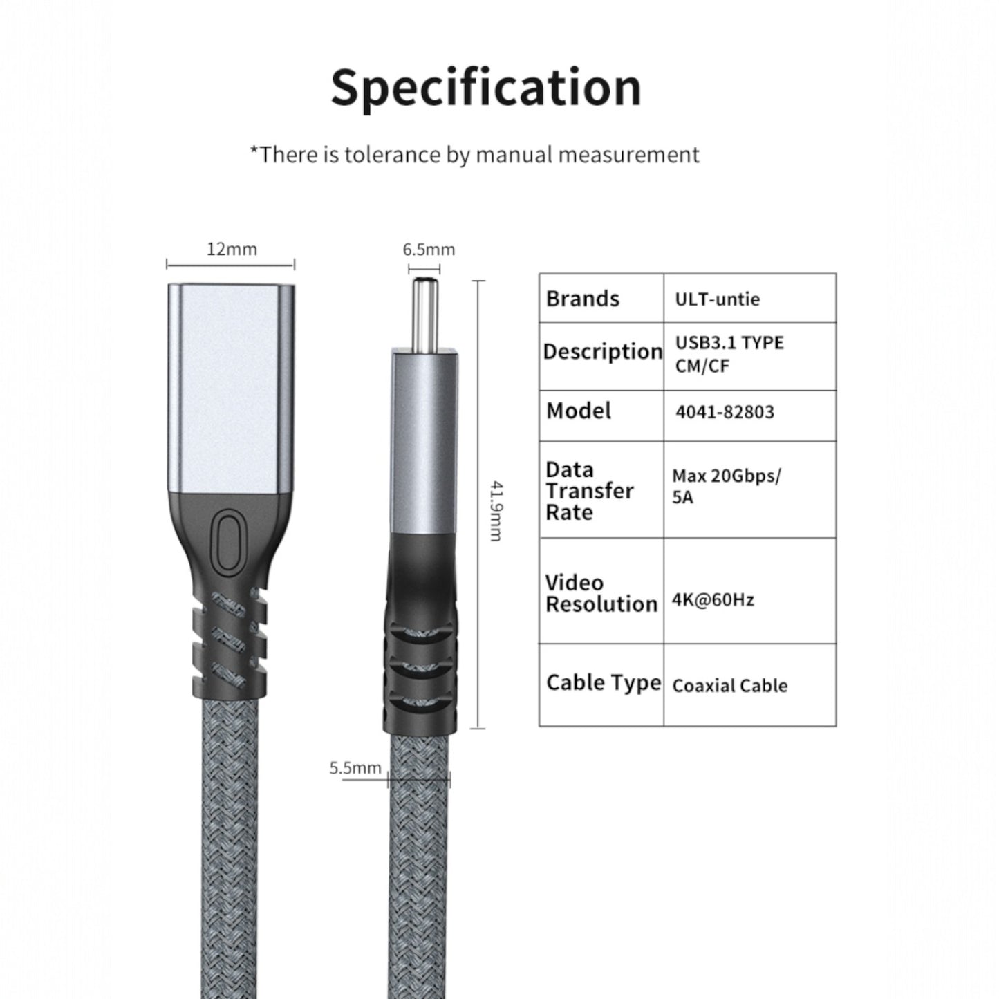 Extensión USB C | 60cm / 150cm / 200cm | USB C Hembra -> USB C Macho | 20Gbps | Gris | CCE-CUS-32