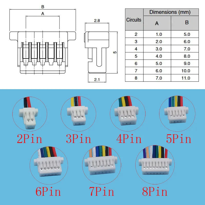 Cable/Terminal Mini JST-SH1.0 | 2 Pack | 2 Pines / 3 Pines / 4 Pines / 5 Pines / 6 Pines / 7 Pines / 8 Pines | 10cm | CE-CAB-02