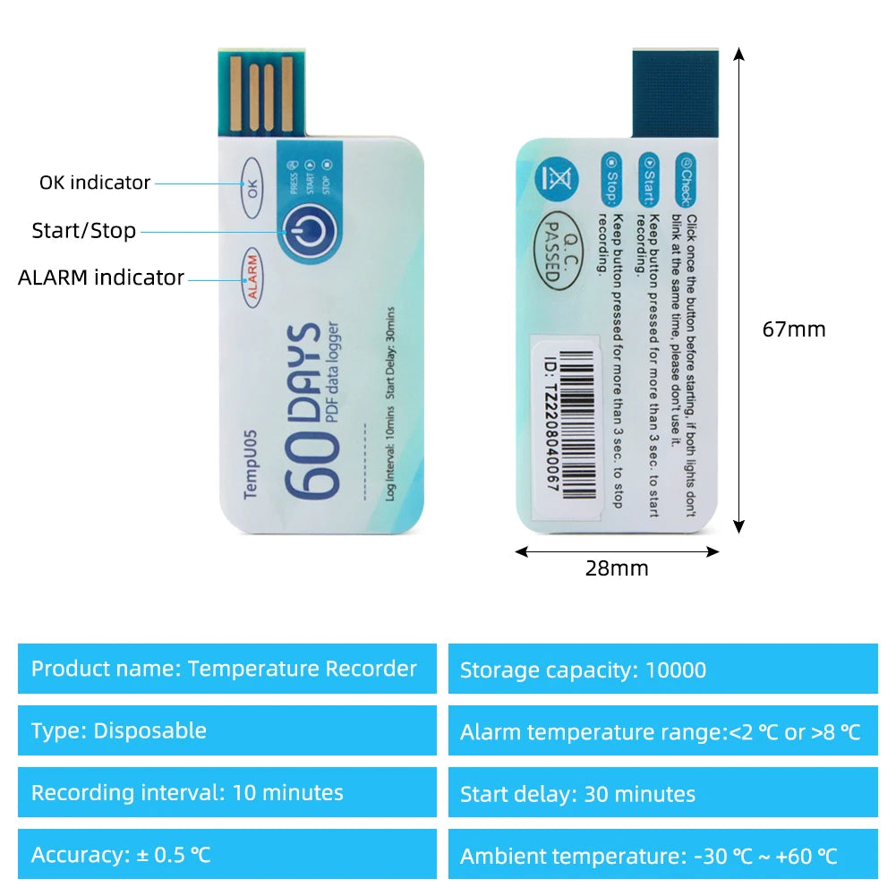 Datalogger / Monitor de Temperatura | Desechable / 60 Días | USB | CE-MON-01