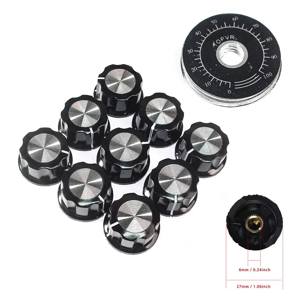 Kit de Perilla MF-A03 con Escala para Potenciómetro | Plástico / Metal | 27mm x 15mm | Eje 6mm | Escala 0-100 | CE-POT-10