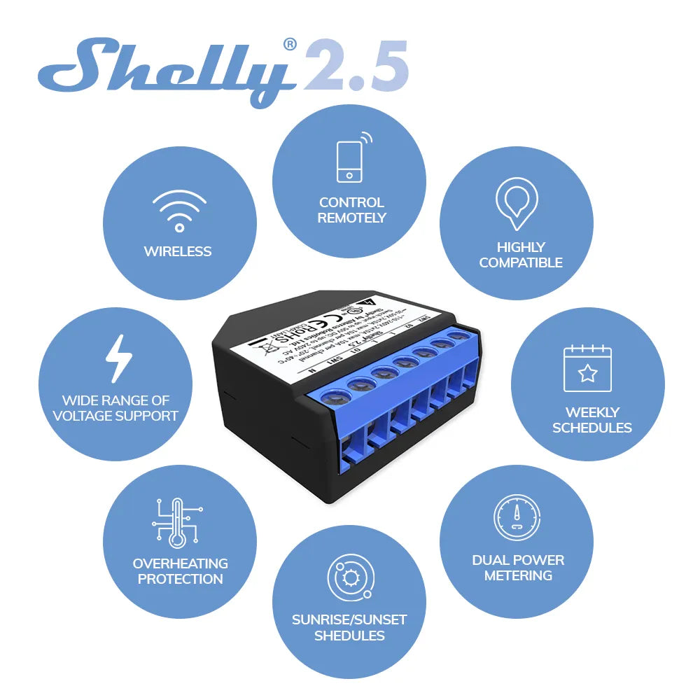 Shelly 2.5 | Relevador / Interruptor Wi-Fi | Uso Industrial y Residencial | Compatible con Google / Alexa / Nube P2P y Control Local | CE-REL-04