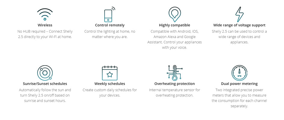 Shelly 2.5 | Relevador / Interruptor Wi-Fi | Uso Industrial y Residencial | Compatible con Google / Alexa / Nube P2P y Control Local | CE-REL-04