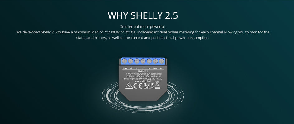 Shelly 2.5 | Relevador / Interruptor Wi-Fi | Uso Industrial y Residencial | Compatible con Google / Alexa / Nube P2P y Control Local | CE-REL-04