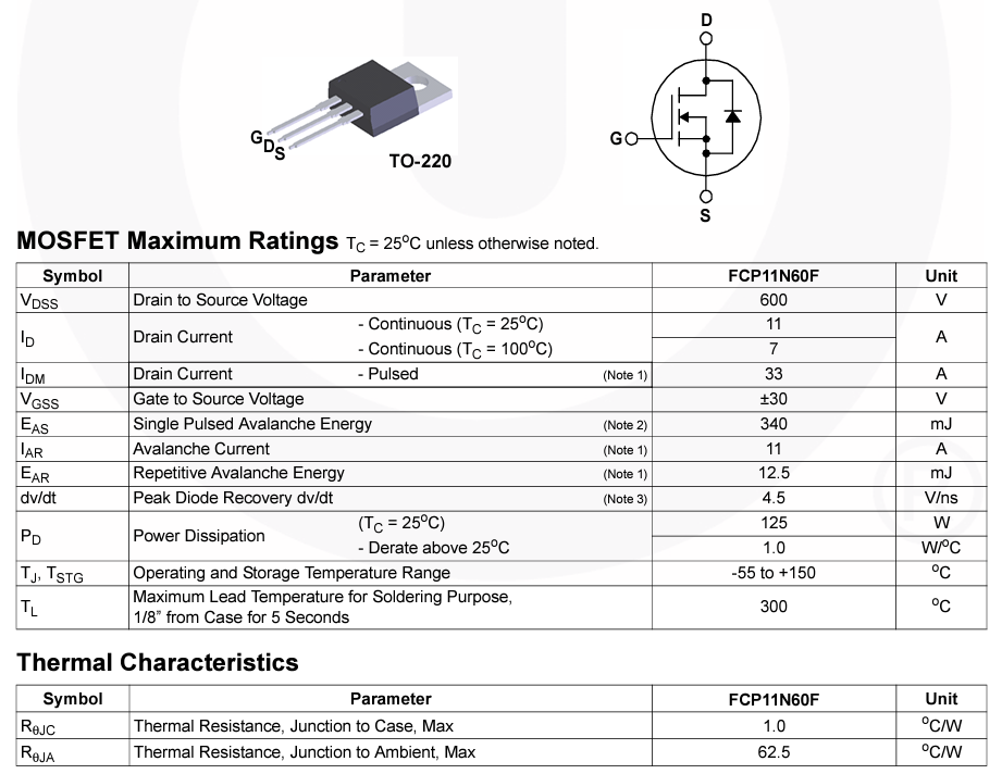 Transistor / MOSFET FCP11N60 | 600V / 11A | Canal-N | TO-220-3 | CE-TRA-23
