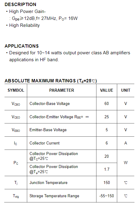 Transistor de Potencia Mitsubishi C1969 | 25V / 6A | NPN | TO-220 | CE-TRA-27