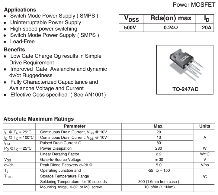 Transistor / Power MOSFET IRFP460 | 500V / 20A | Canal-N | TO-247 | CE-TRA-28