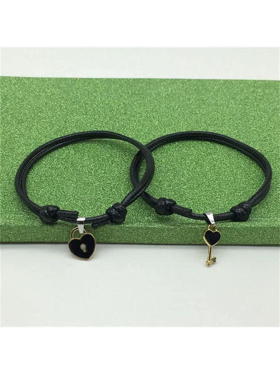 Set de 2 Pulseras para Parejas | Corazon - Llave | Negro | CJM-CO-16