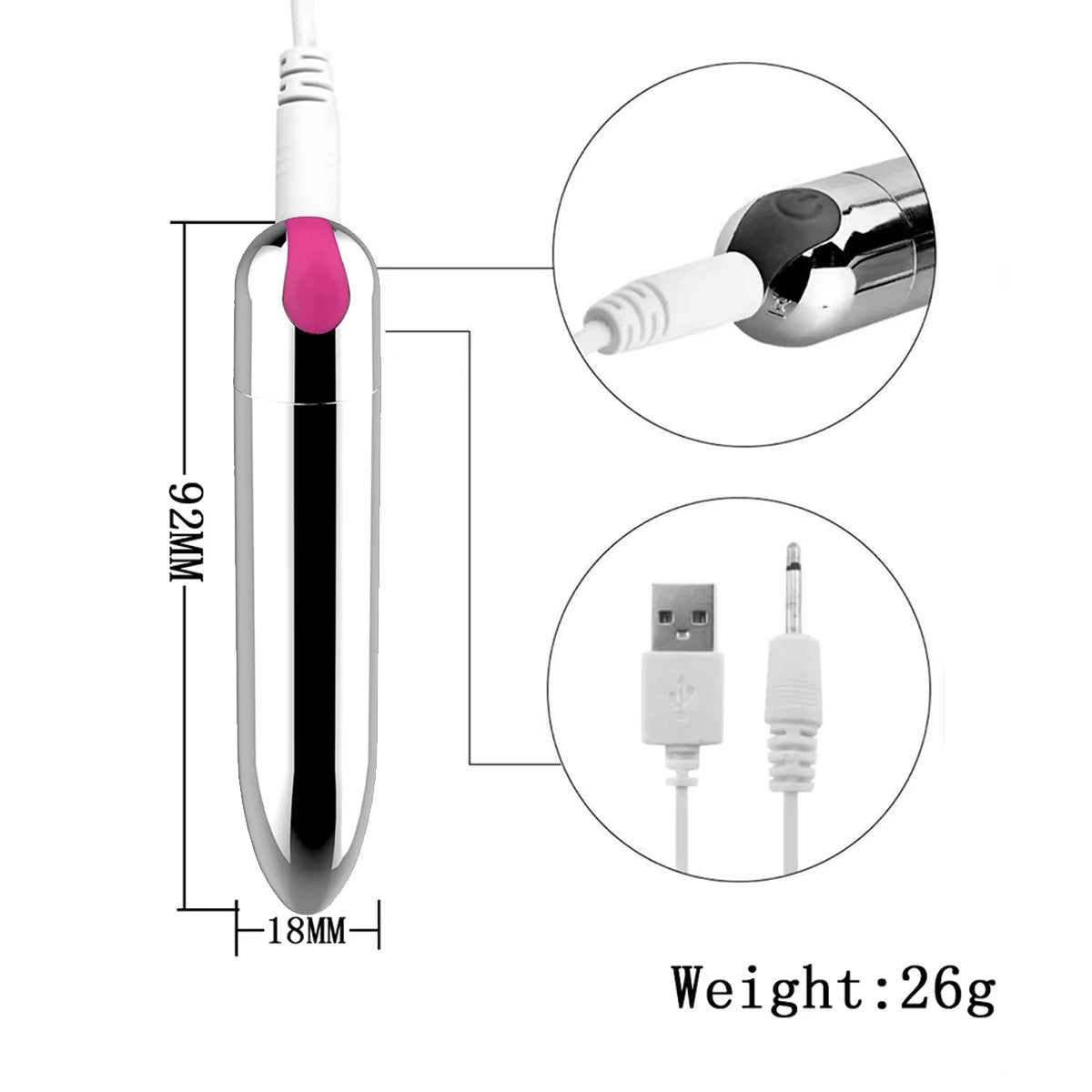 Vibrador - Labial | Recargable / USB | 9.2cm / 1.8cm | Morado / Negro / Plateado | ABS | CJS-VI-41