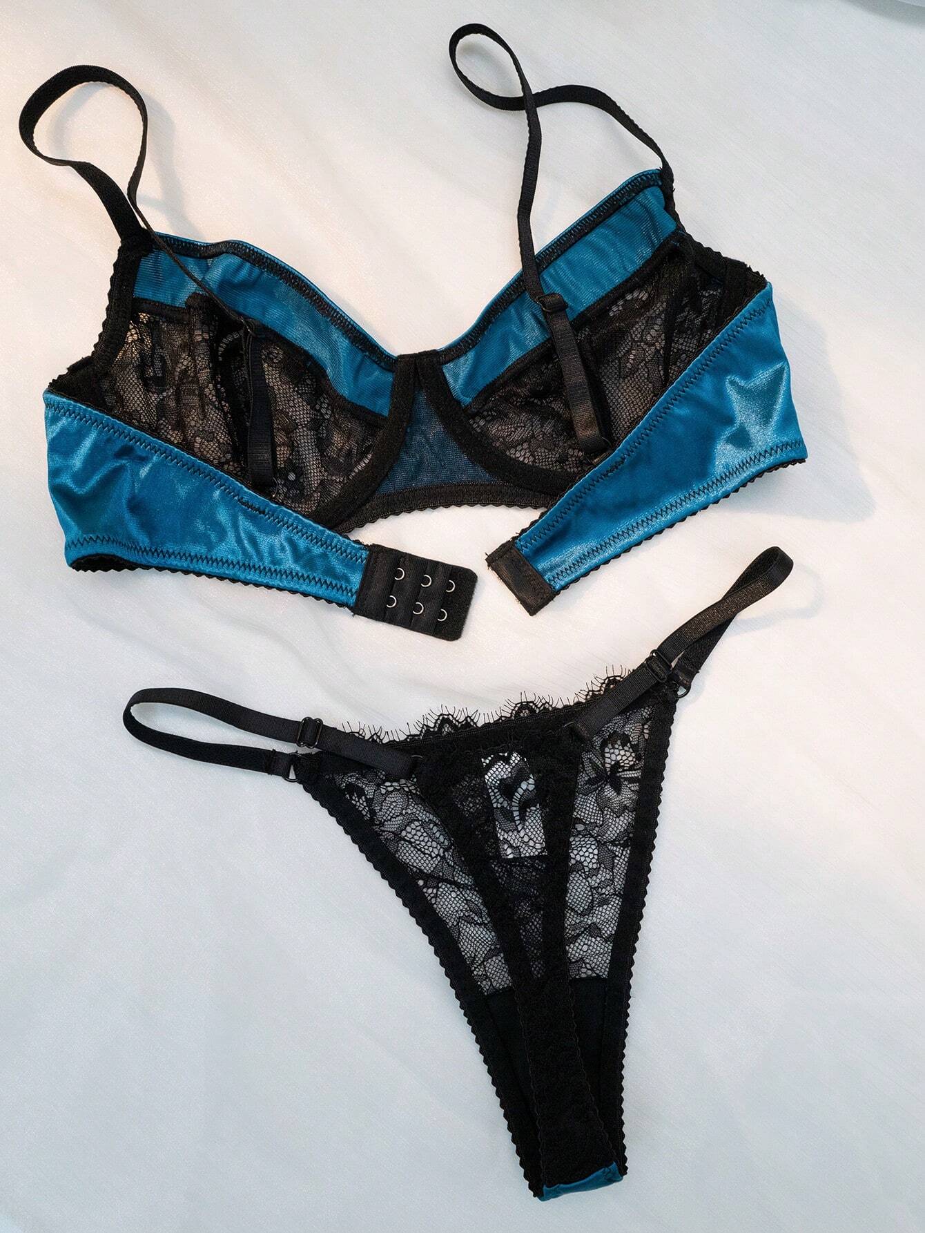Conjunto | Brasier + Hilo | Negro-Azul | S / M / L | Satén / Encaje | CL-CO-39