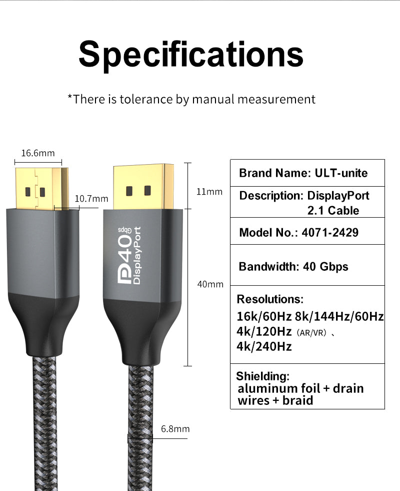 Cable DisplayPort 2.1 | ULT-unite | 4K / 240Hz | 2 metros | 40Gbps | CTE-CAB-13