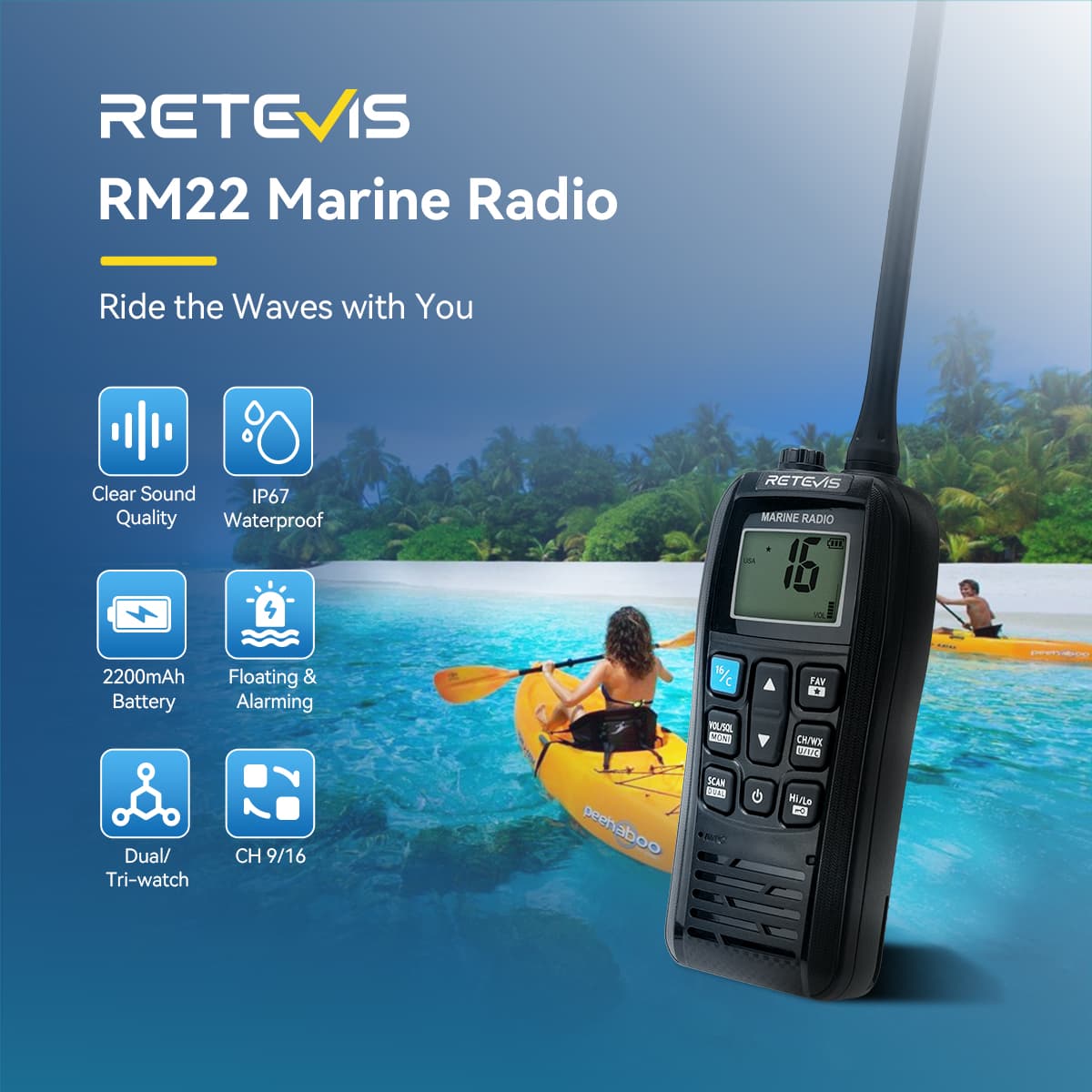 Radio de Comunicación Retevis RM22 | Banda Marina | 6W | IP67 (Resistente al Agua) / Flotante
