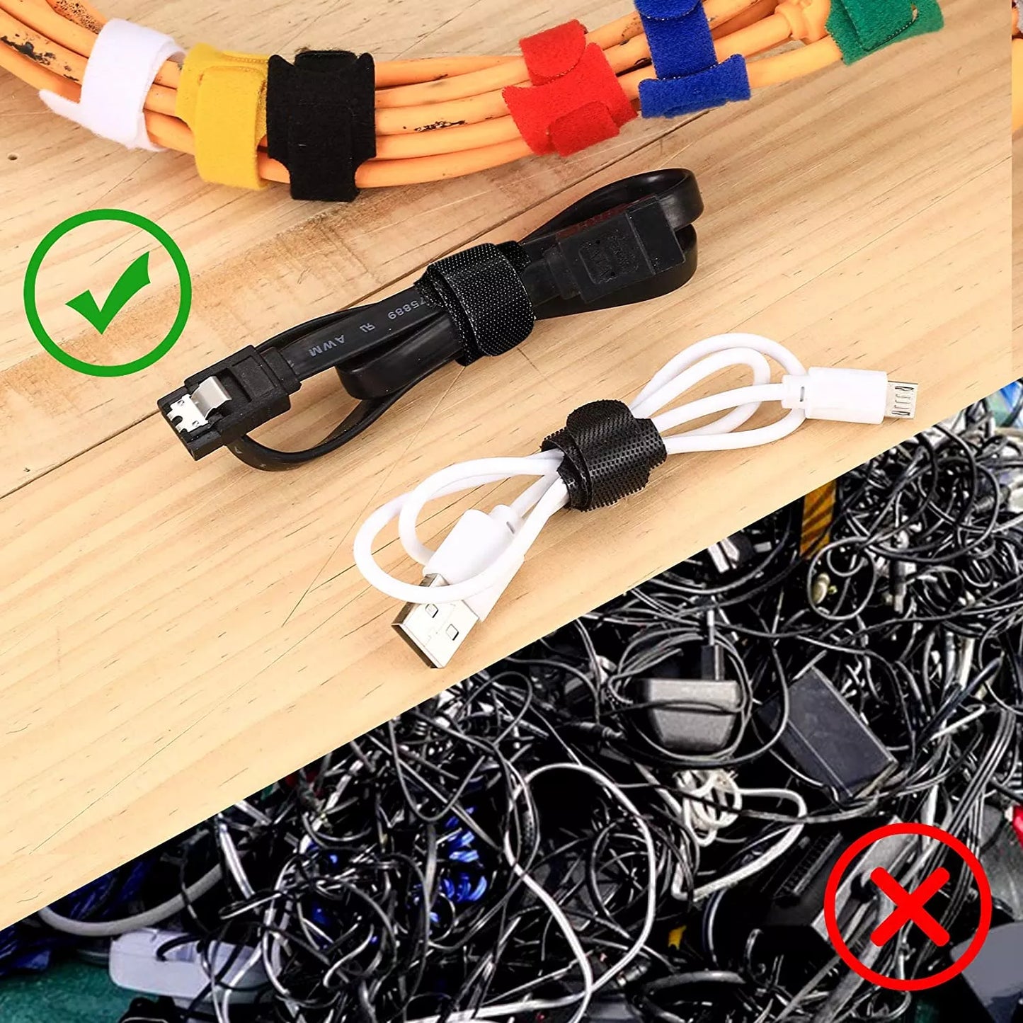 Organizador de Cables / Velcros | 5 Pack | Reutilizables | 15cm / 20cm / 25cm | Nylon | CCE-ORG-02