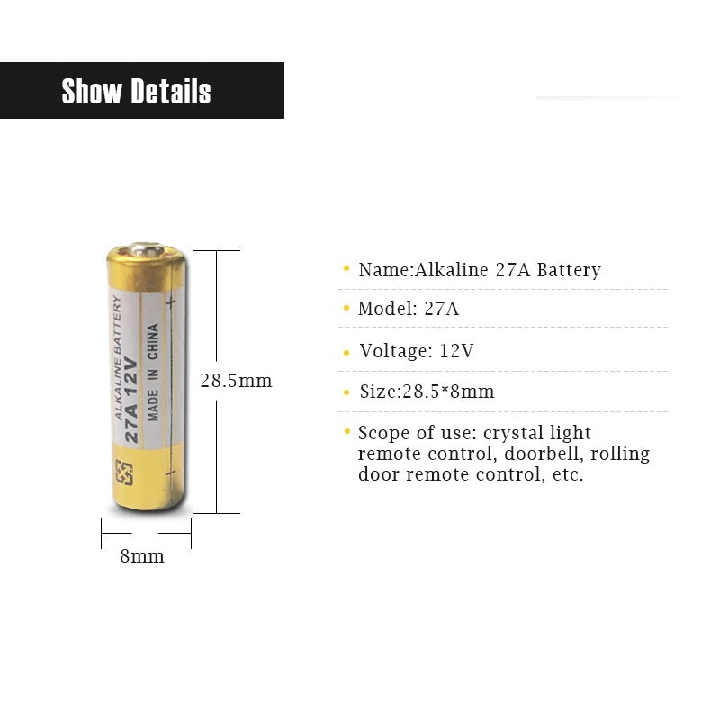 Pila - Batería Alcalina 27A / GP27A / MN27 / L828 / V27A / A27BP / G27A / 8LR732 | 12V / 22mAh | CE-BAT-13