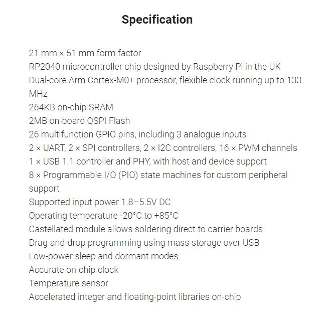 Raspberry Pi Pico | RP2040 | 264KB / SRAM | 2.1mm x 5.5mm | CTE-RPB-01