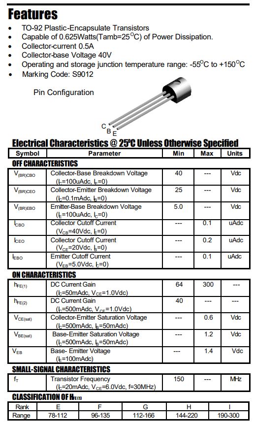 Transistor 9012 / S9012 | 2 Pack | 25V / 0.5A | PNP | TO-92 | CE-TRA-06