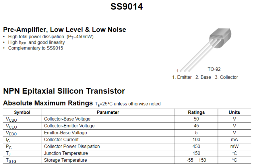 Transistor 9014 / S9014 | 2 Pack | 45V / 0.1A | NPN | TO-92 | CE-TRA-08