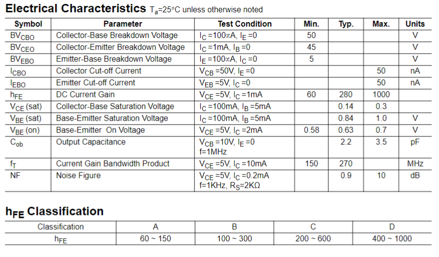 Transistor 9014 / S9014 | 2 Pack | 45V / 0.1A | NPN | TO-92 | CE-TRA-08
