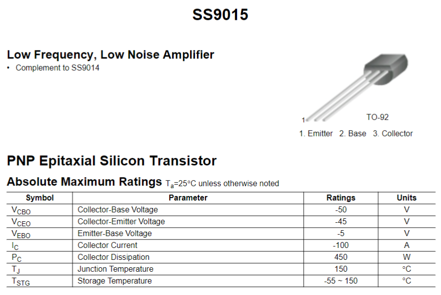 Transistor 9015 / S9015 | 2 Pack | 45V / 0.1A | PNP | TO-92 | CE-TRA-09
