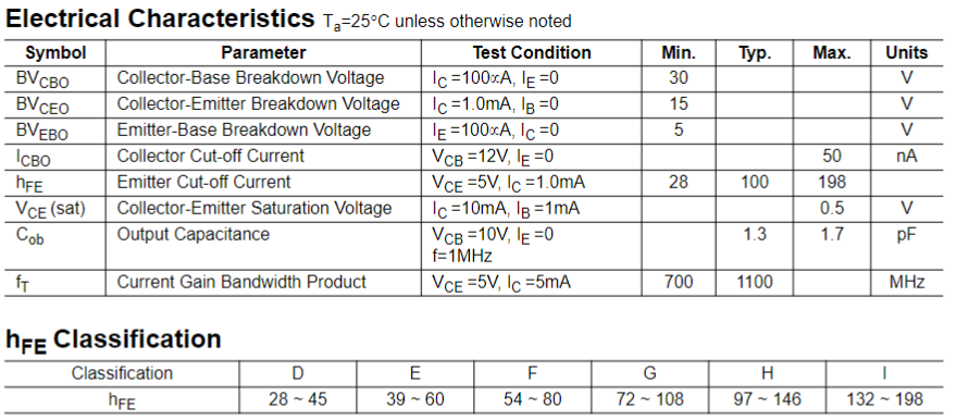 Transistor 9018 / S9018 | 2 Pack | 15V / 0.05A | NPN | TO-92 | CE-TRA-10