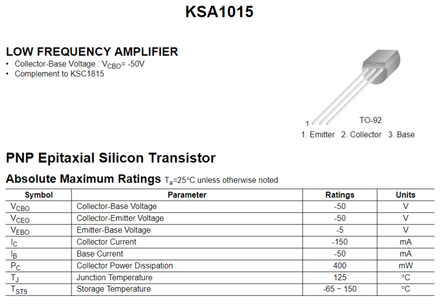 Transistor 2SA1015 / KSA1015 / A1015 | 2 Pack | 50V / 0.15A | PNP | TO-92 | CE-TRA-11