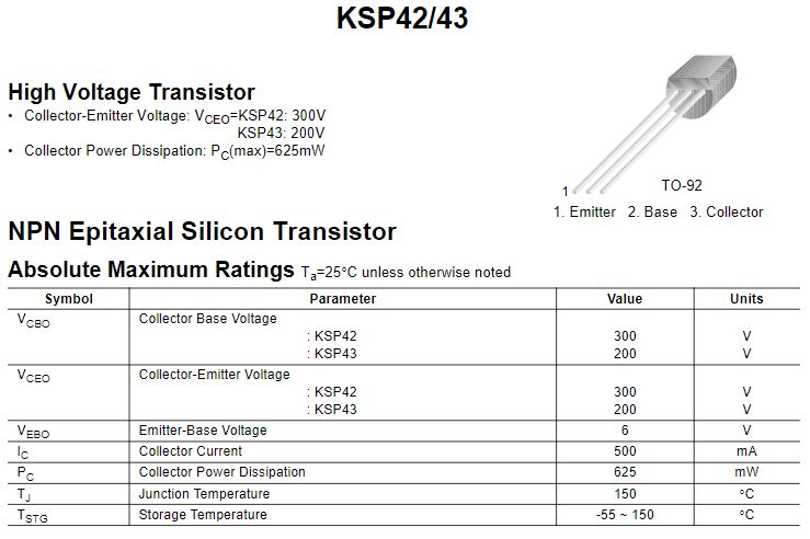 Transistor MPSA42 / KSP42 / A42 | 2 Pack | 300V / 0.5A | NPN | TO-92 | CE-TRA-13