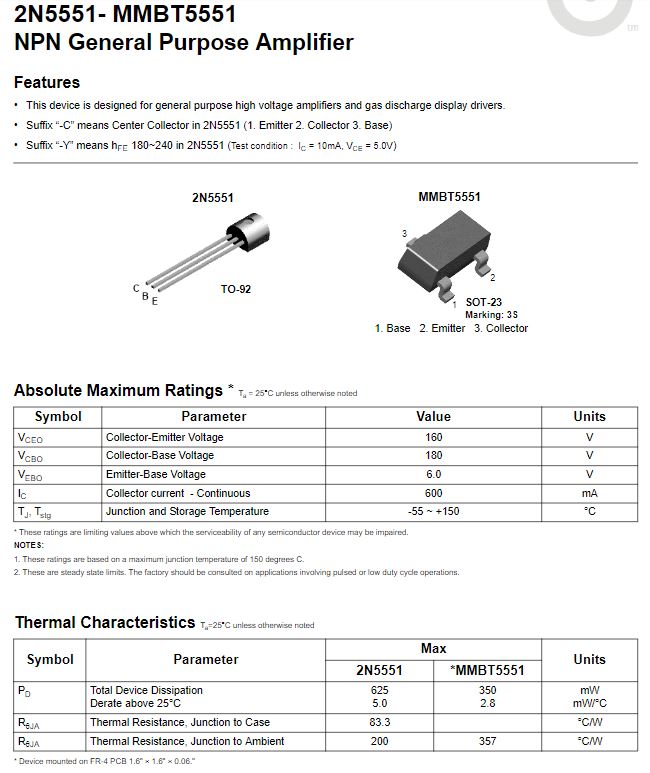 Transistor 2N5551 | 2 Pack | 160V / 0.6A | NPN | TO-92 | CE-TRA-16