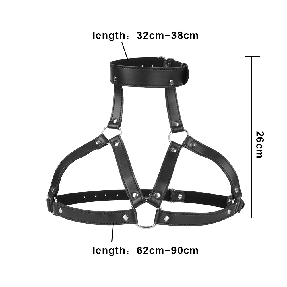 Arnés de Pecho + Mordaza con Prensas para Pezones | BDSM | Cuerina + Metal | Ajustable | Negro | CJS-AR-07