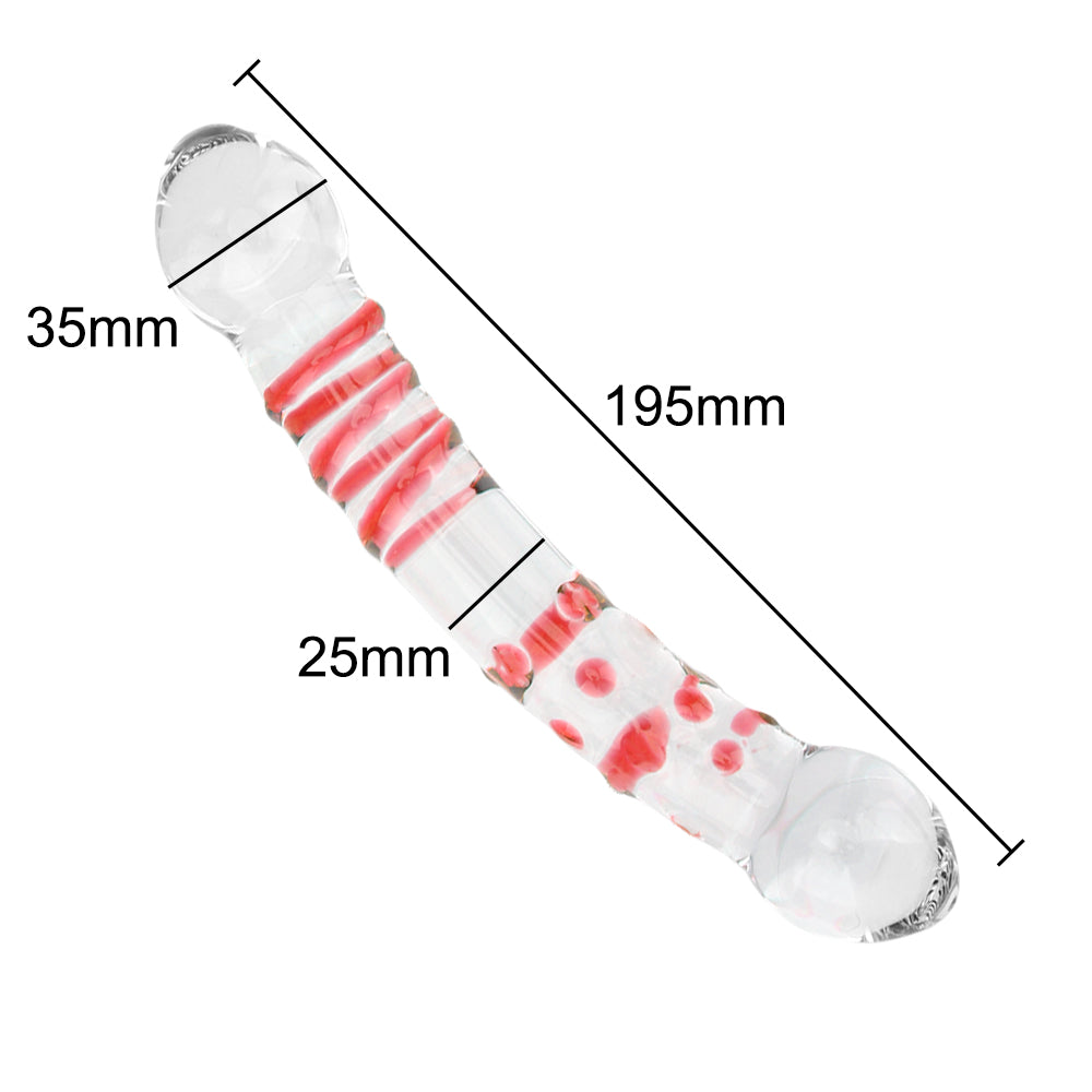 Dildo - Consolador | Doble Cabeza | Curvo con Relieve / Texturas | Transparente + Rojo | Vidrio | 19.5cm / 3.5cm | CJS-CO-20
