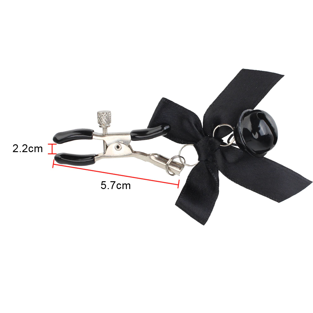 Prensas para Pezones con Cascabeles y Lazos | 2 Pack | BDSM | Negro / Rojo | Ajustable | CJS-PR-05