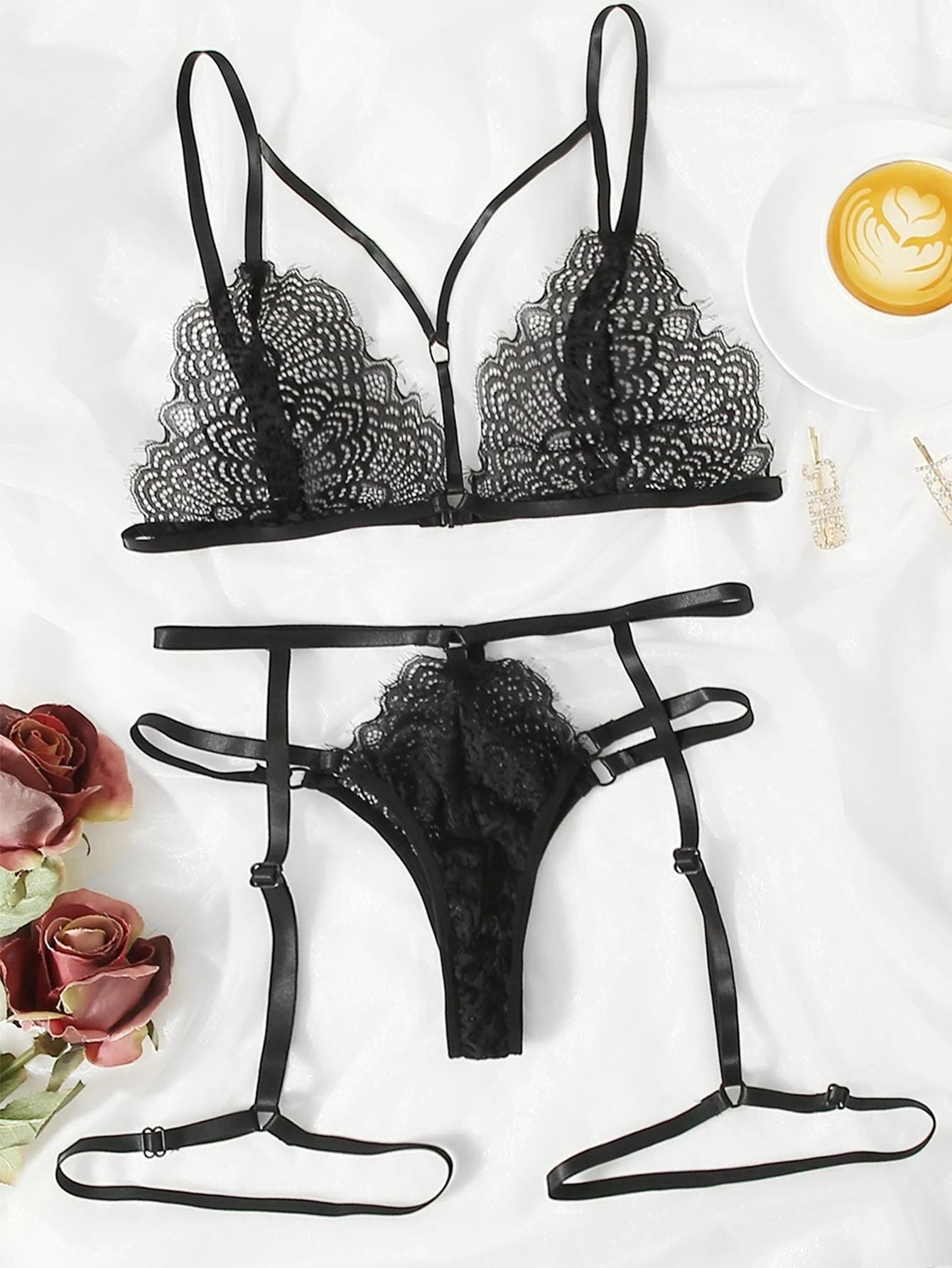 Conjunto / Liguero | 2 Piezas | Negro | S / M / L / XL | Encaje | CL-CO-10