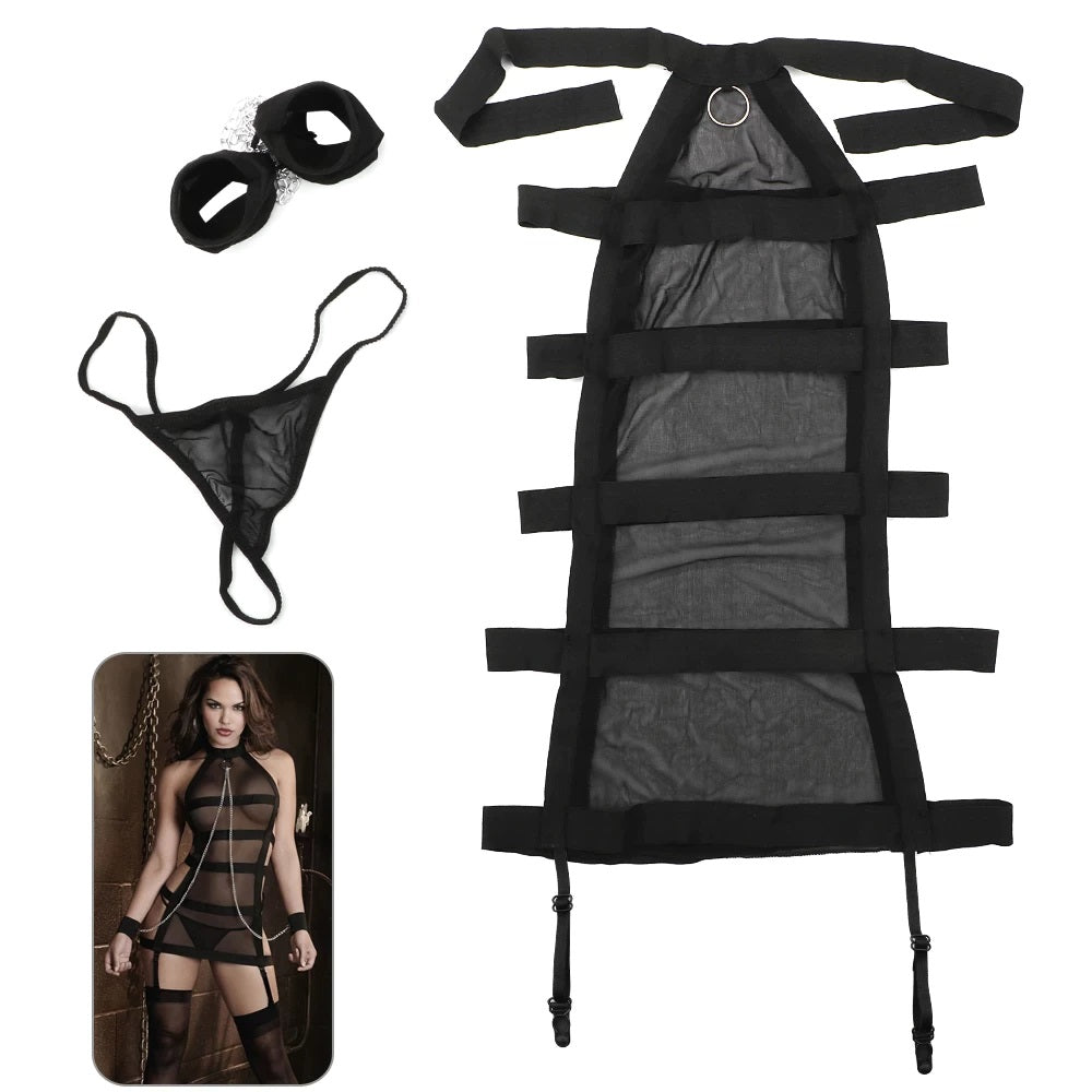 Vestido / Liguero + Cadena y Esposas + Hilo | Negro | Talla Única | CL-VE-10
