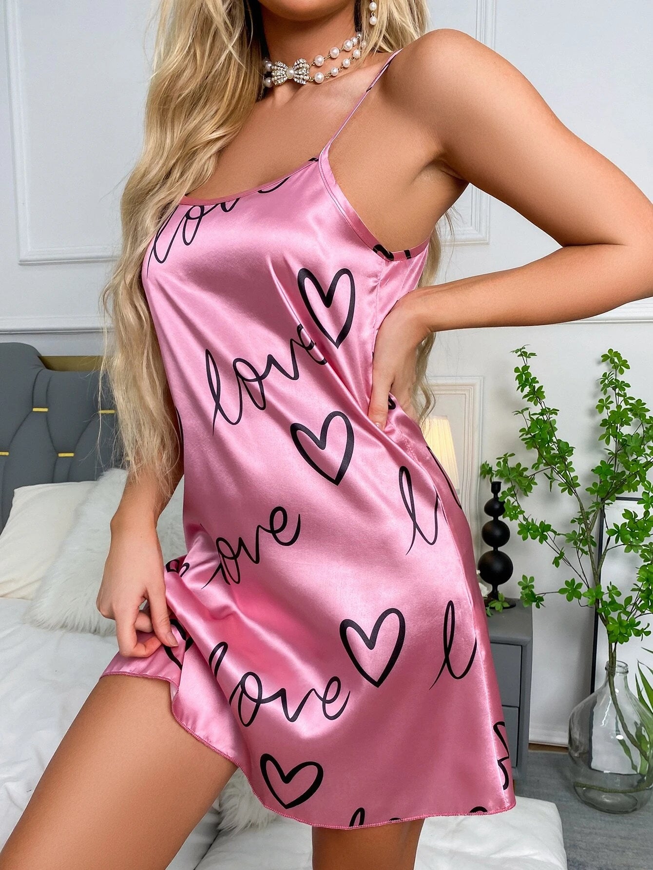 Vestido de Dormir de Tirantes | S / M / L / XL | Rosado / Love | Poliéster / Elastano | CL-VE-15