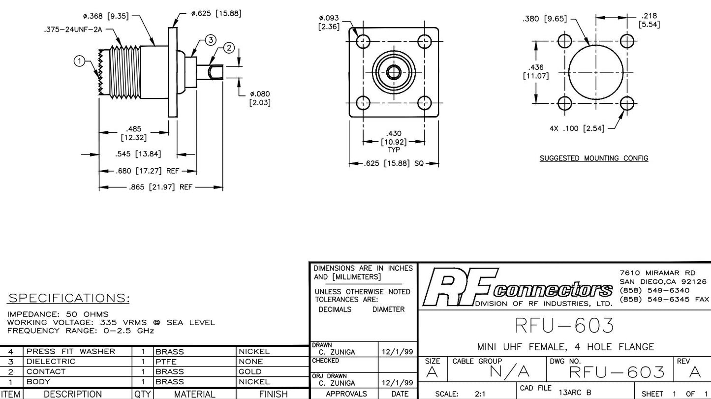 Conector Chasis - RF Industries RFU-603 | Mini UHF Hembra | Montaje de 4 Perforaciones | CRC-CHA-01