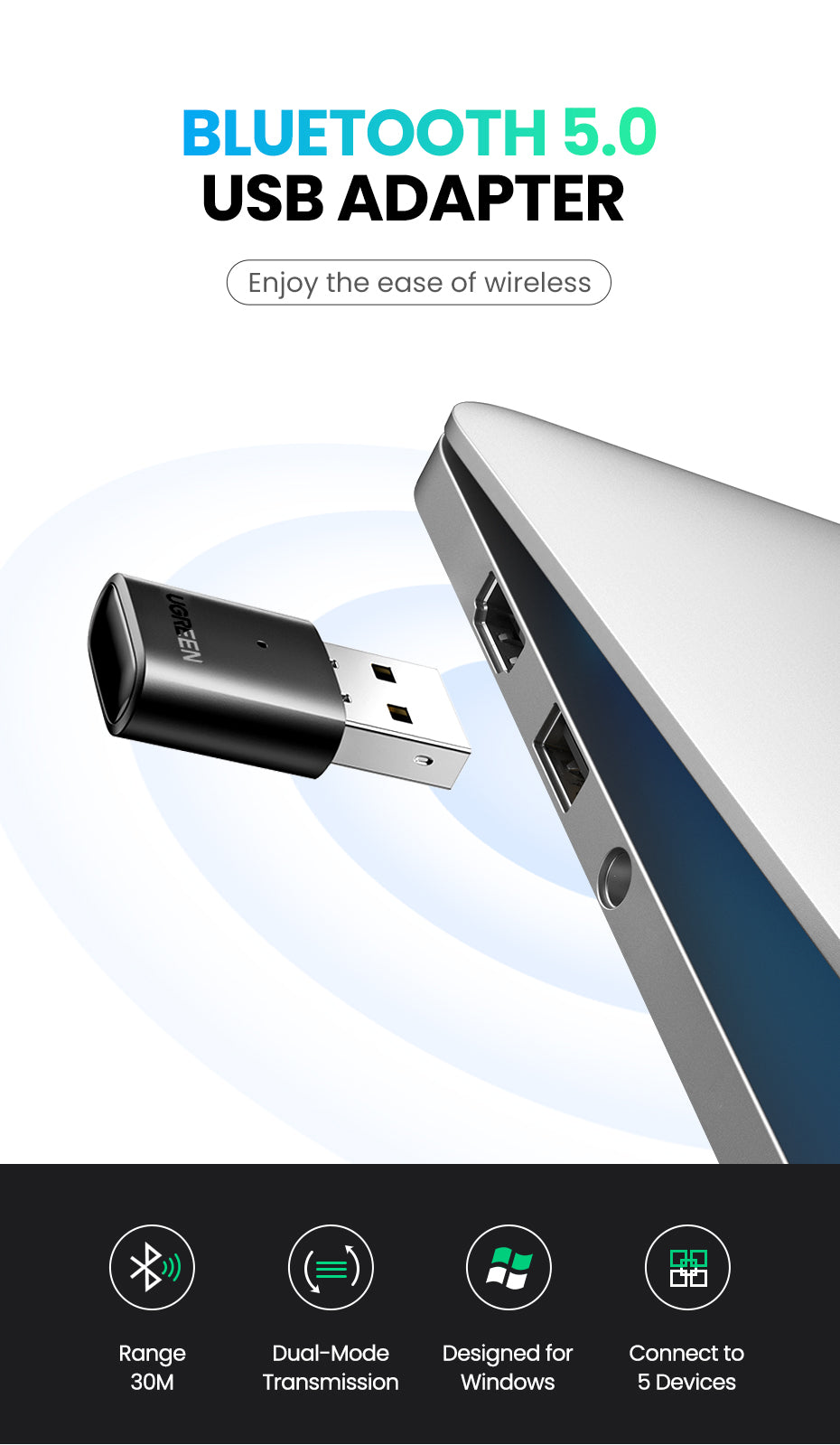 Adaptador UGREEN CM390 Bluetooth 5.0 | RTL8761BUV | CRE-ADA-02
