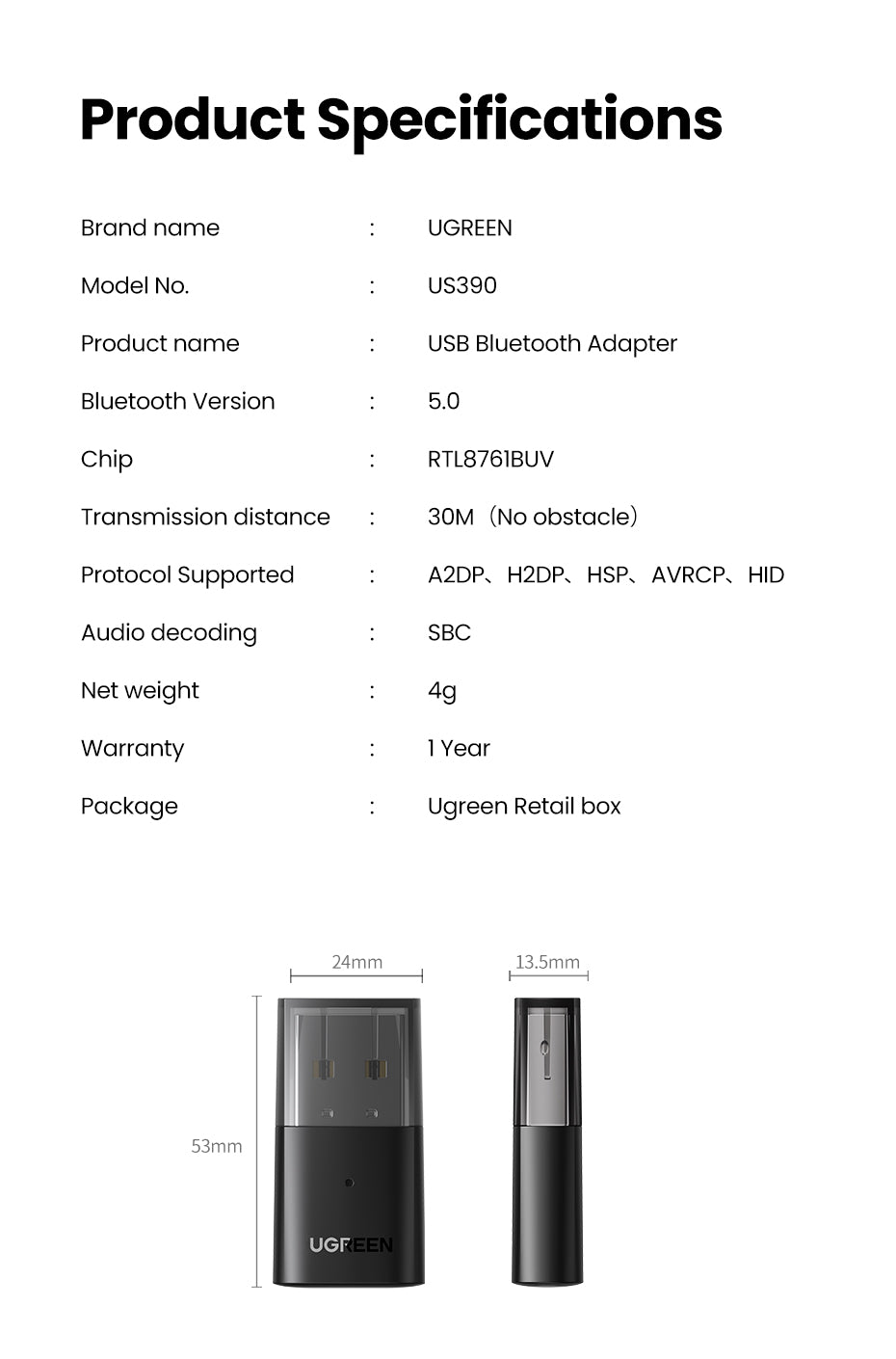 Adaptador UGREEN CM390 Bluetooth 5.0 | RTL8761BUV | CRE-ADA-02