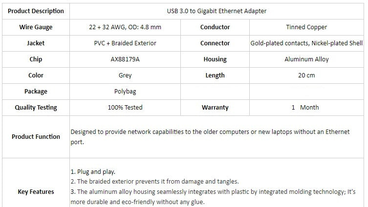 Adaptador de Red RJ45 -> USB 3.0 | 802.3ab / 1.000Mbps | USB Tipo A | AX88179A | CRE-ADA-04