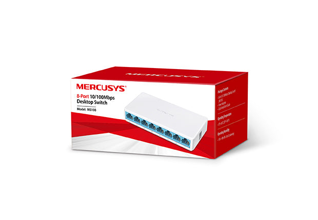 Switch Mercusys MS108 | 8 Puertos / Fast Ethernet 100Mbps | Plug and Play / No Administrable | Blanco | CRE-SWI-02