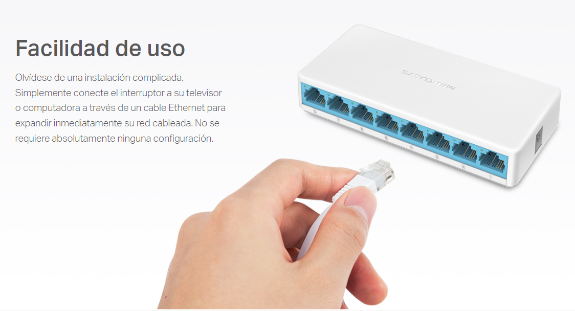 Switch Mercusys MS108 | 8 Puertos / Fast Ethernet 100Mbps | Plug and Play / No Administrable | Blanco | CRE-SWI-02
