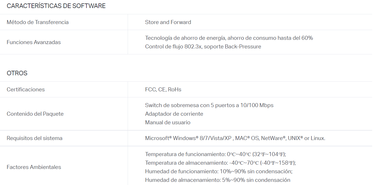 Switch TP-Link TL-SF1005D | 5 Puertos / Fast Ethernet 100Mbps | Plug and Play / No Administrable | Blanco-Gris | CRE-SWI-03