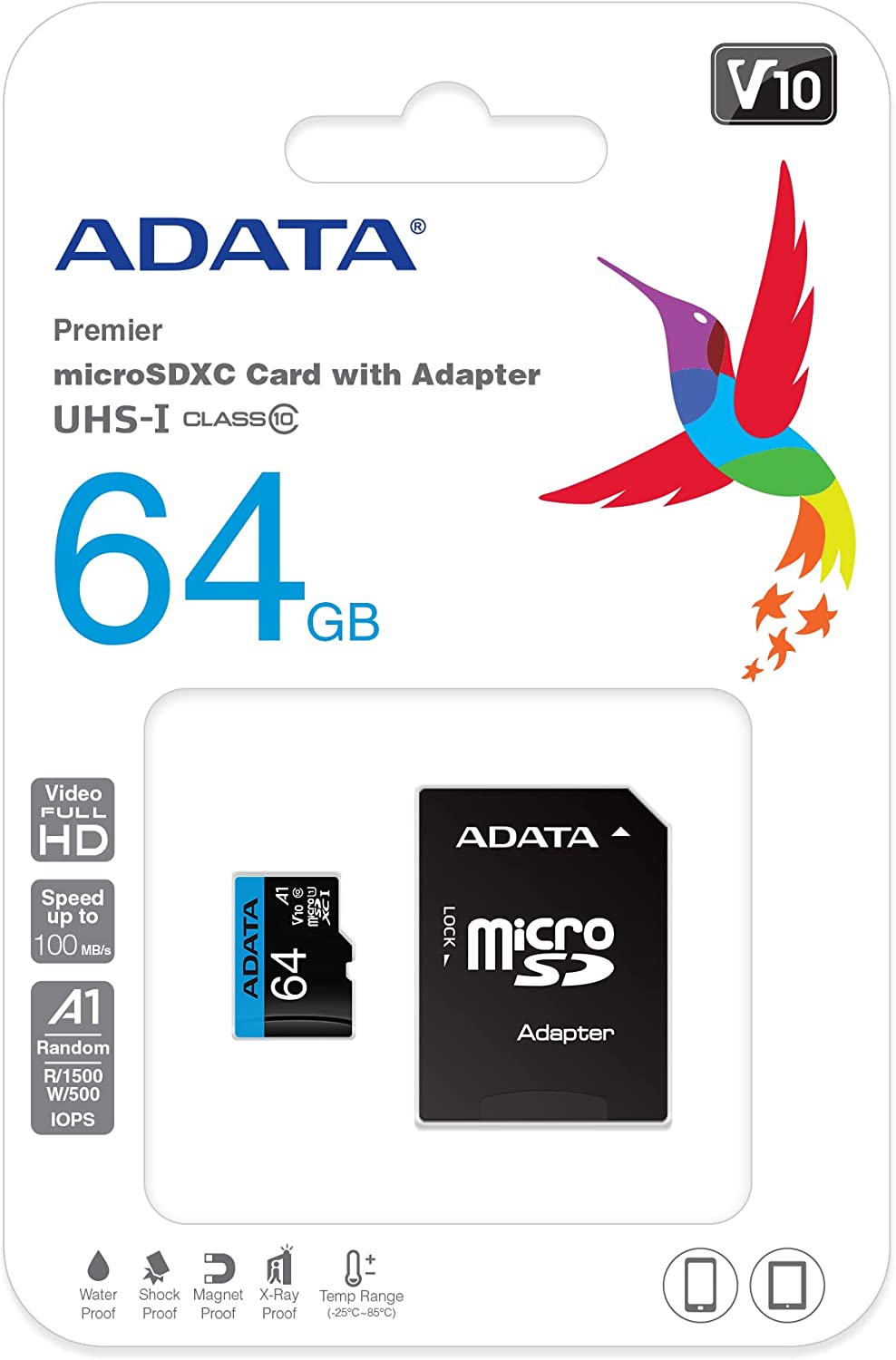 Memoria microSD Adata Premier | 64GB | Class 10 / USH-I / A1 / V10 | Incluye Adaptador de microSDXC a SD | CTE-ALM-04