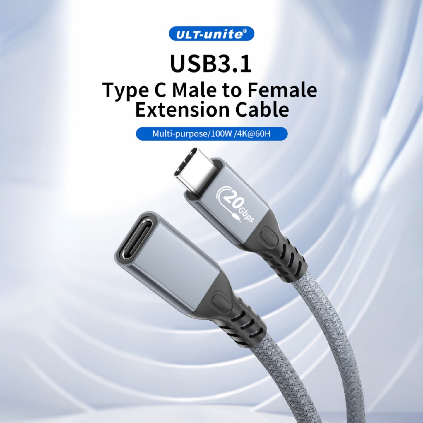 Extensión USB C | 60cm / 150cm / 200cm | USB C Hembra -> USB C Macho | 20Gbps | Gris | CCE-CUS-32