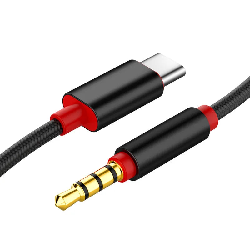 Cable USB | 1 Metro | USB Tipo C -> 3.5mm Macho (Conector de Audio) | Negro-Rojo | CCE-CUS-40