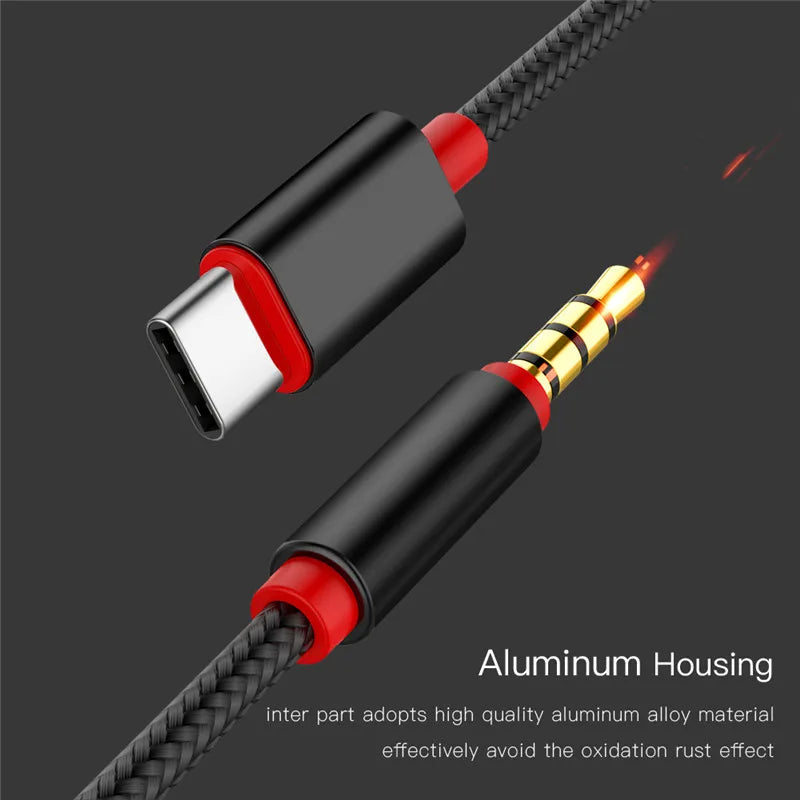 Cable USB | 1 Metro | USB Tipo C -> 3.5mm Macho (Conector de Audio) | Negro-Rojo | CCE-CUS-40