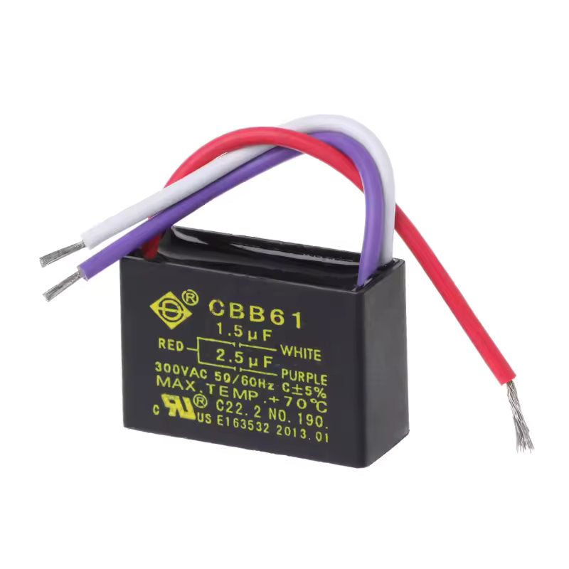 Capacitor / Condensador de Arranque CBB61 | 3 Cables / 1.5uF + 2.5uF | Uso en Ventiladores | CE-CAP-10