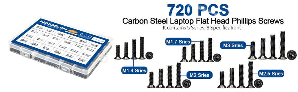 Kit de Tornillos para Laptop | 720 Pack | M1.4 + M1.7 + M2 + M2.5 + M3 | CE-HRM-04