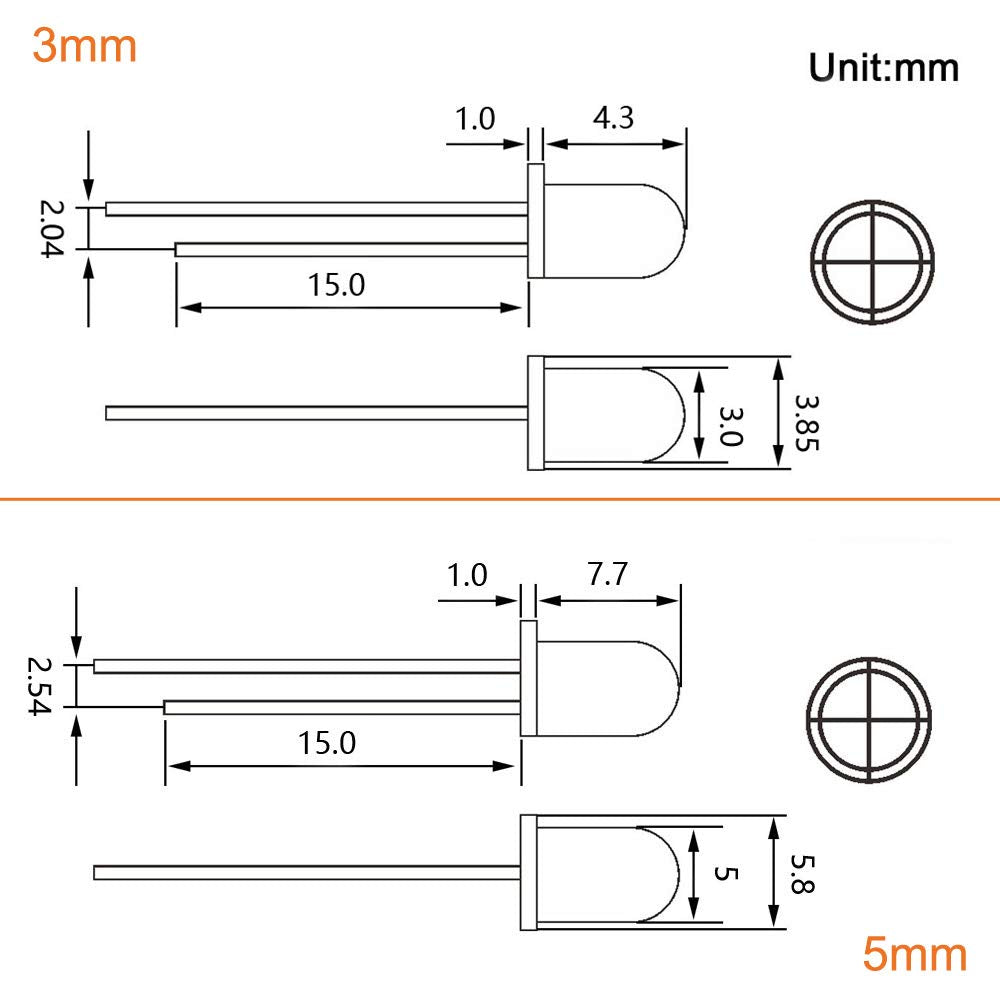 LED / Diodo Emisor de Luz | 200 Pack | Incluye Estuche | 5 Colores | 3mm + 5mm | CE-LED-20