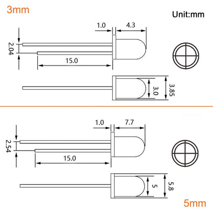 LED / Diodo Emisor de Luz | 200 Pack | Incluye Estuche | 5 Colores | 3mm + 5mm | CE-LED-20